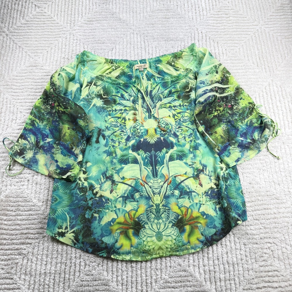 One World Peasant Blouse Women's PL Green Tropical Boho Botanical Airy Peasant